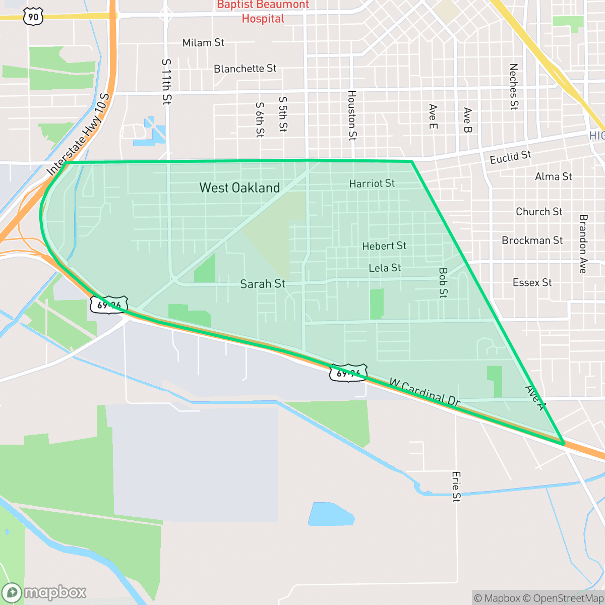 Map showing the location of Pear Orchard, Beaumont, TX