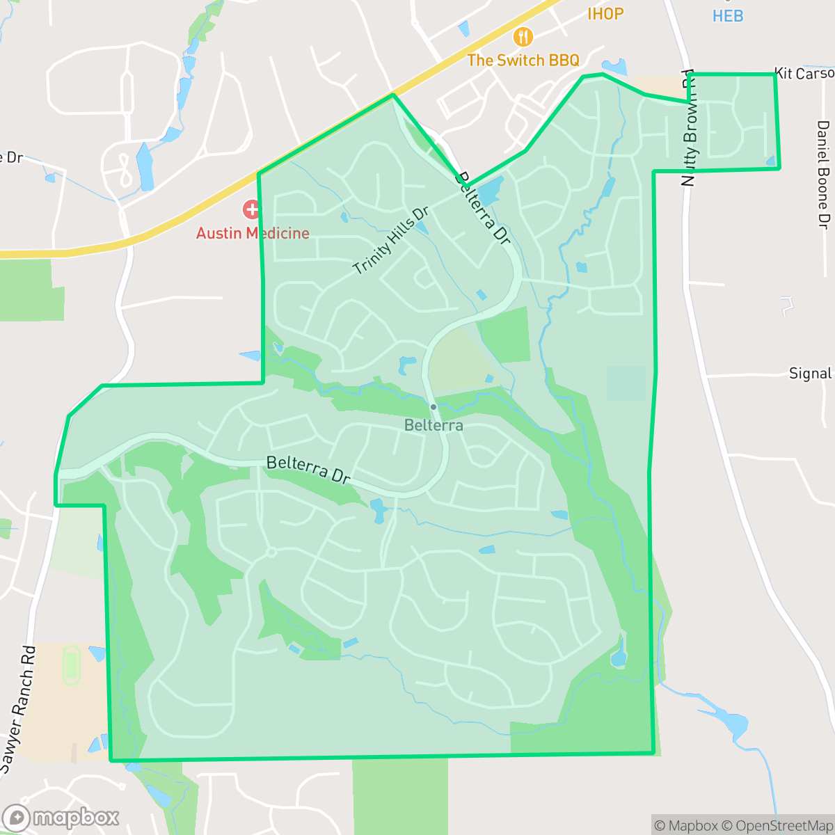 Map showing the location of Belterra, TX — coverage area