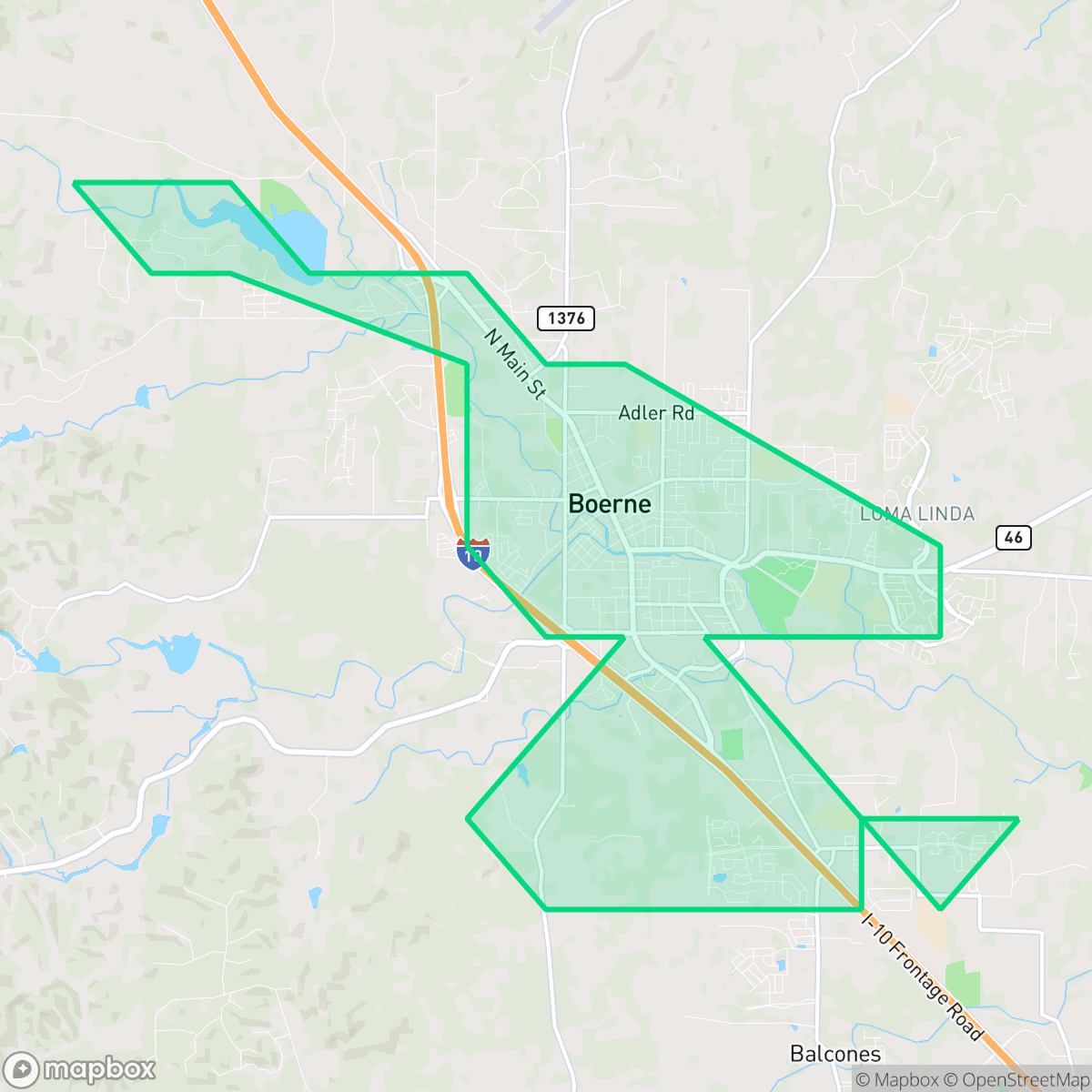 Map showing the location of Boerne, TX — coverage area