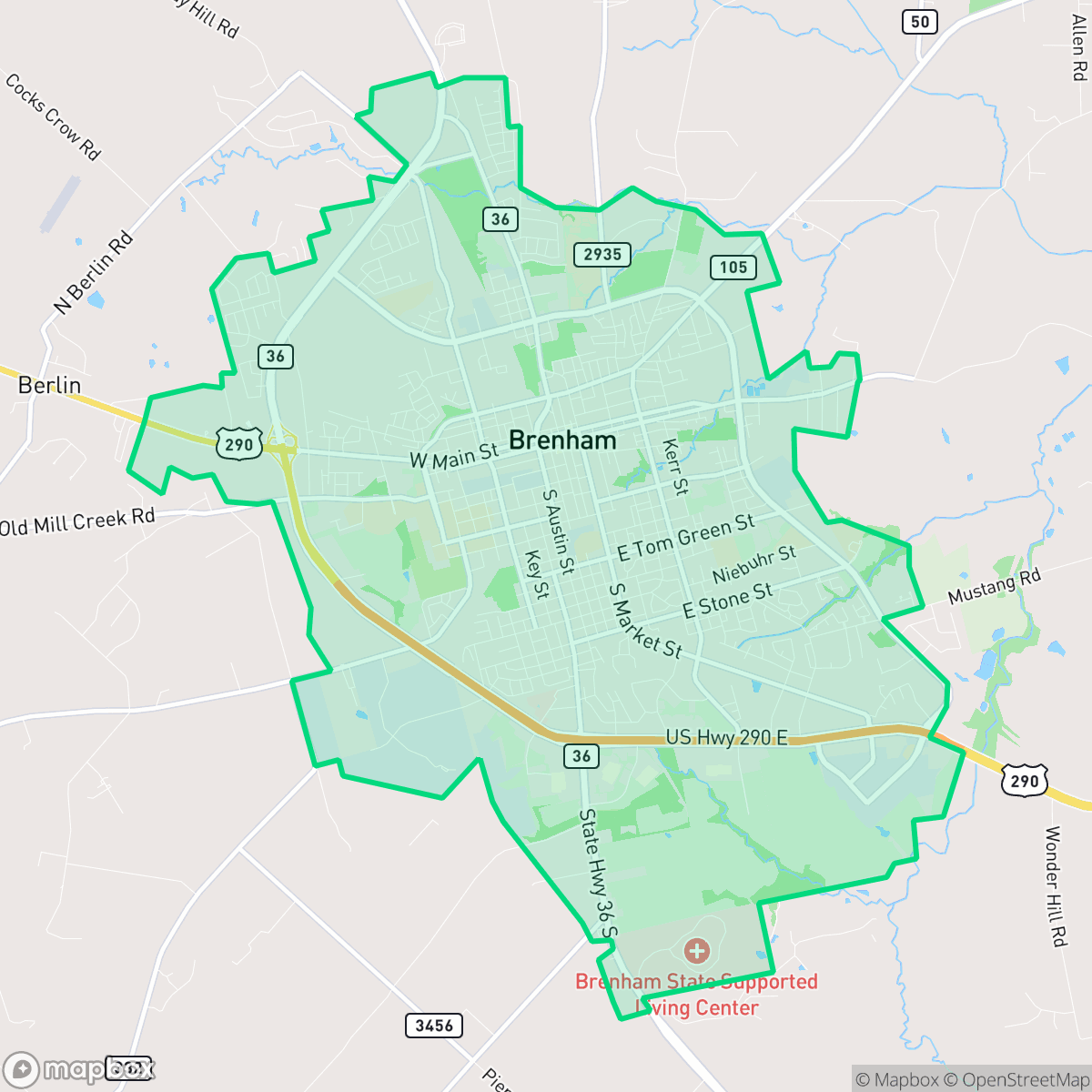 Map showing the location of Brenham, TX — coverage area