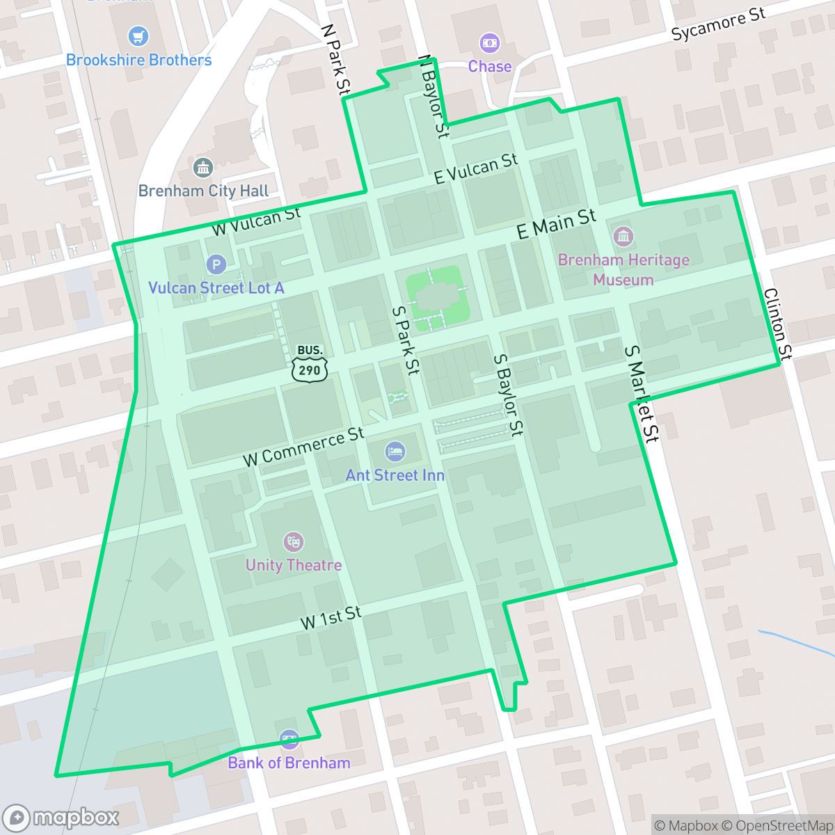 Map showing the location of Brenham Downtown Historic District, Brenham, TX