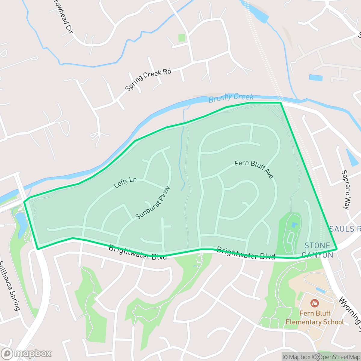 Map showing the location of Stone Canyon, Brushy Creek, TX