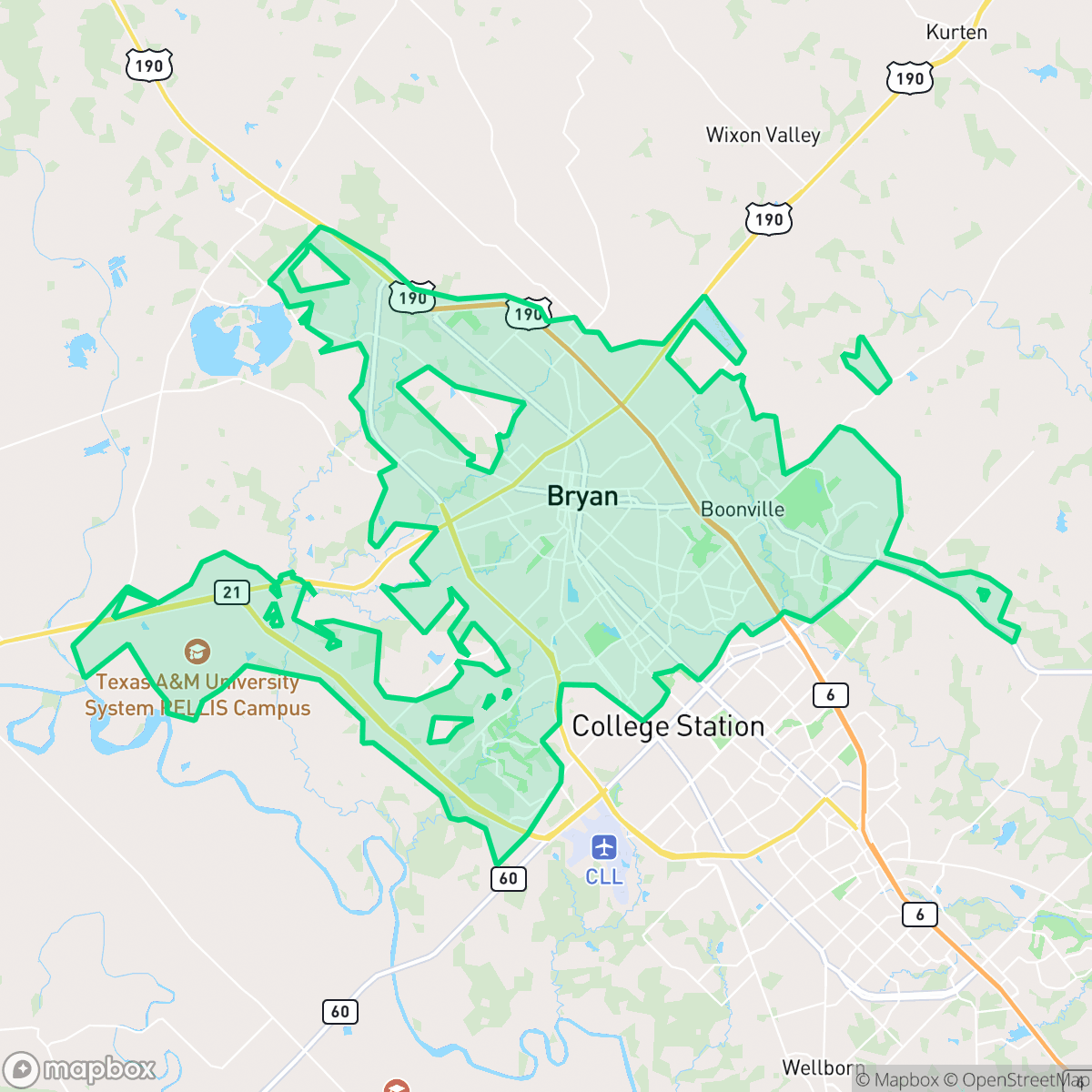 Map showing the location of Bryan, TX — coverage area