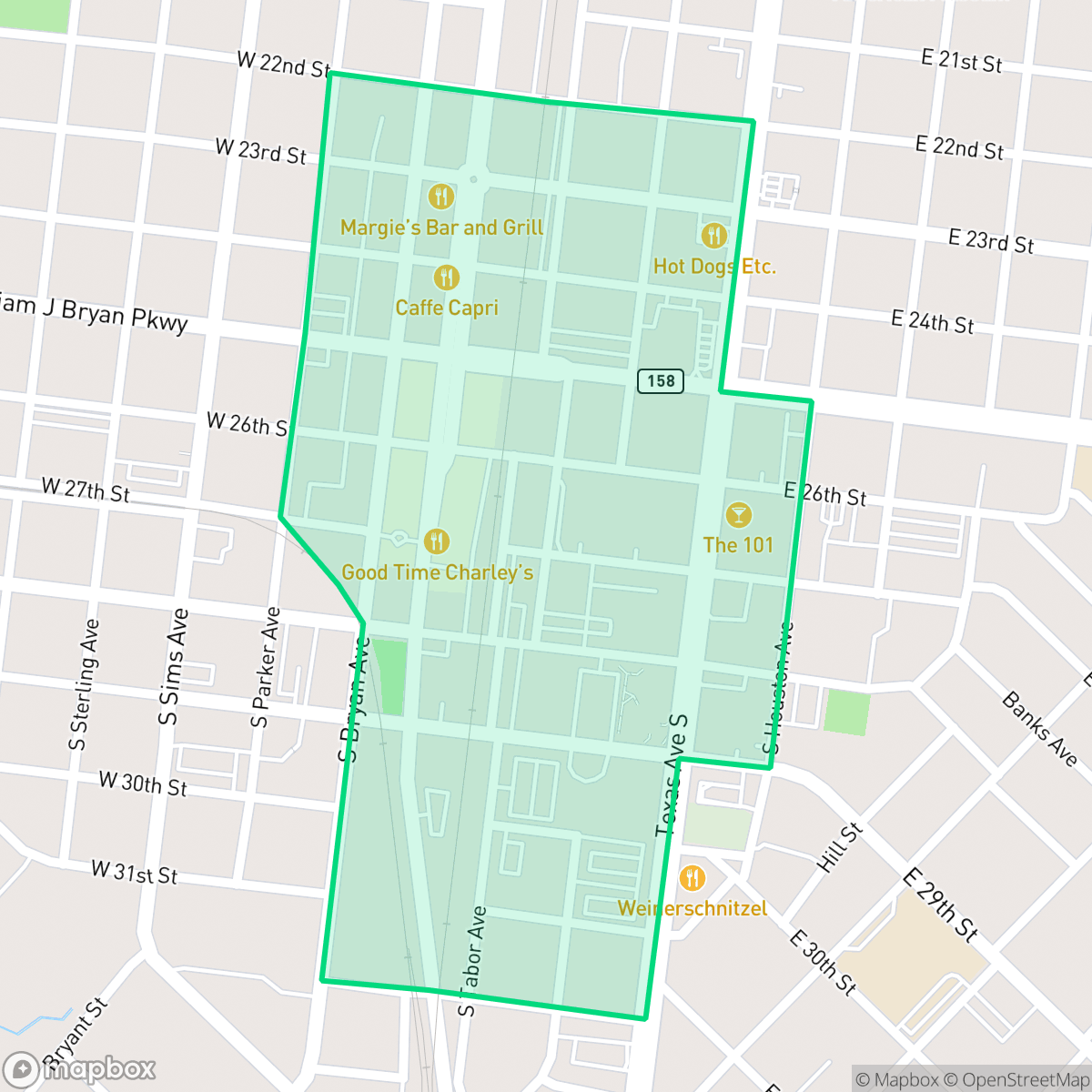 Map showing the location of Downtown, Bryan, TX