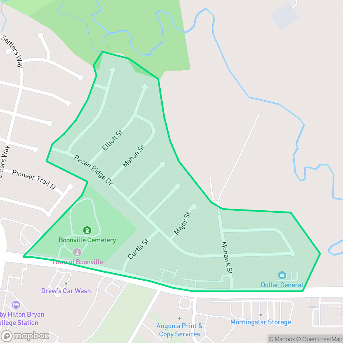 Map showing the location of Pecan Ridge, Bryan, TX