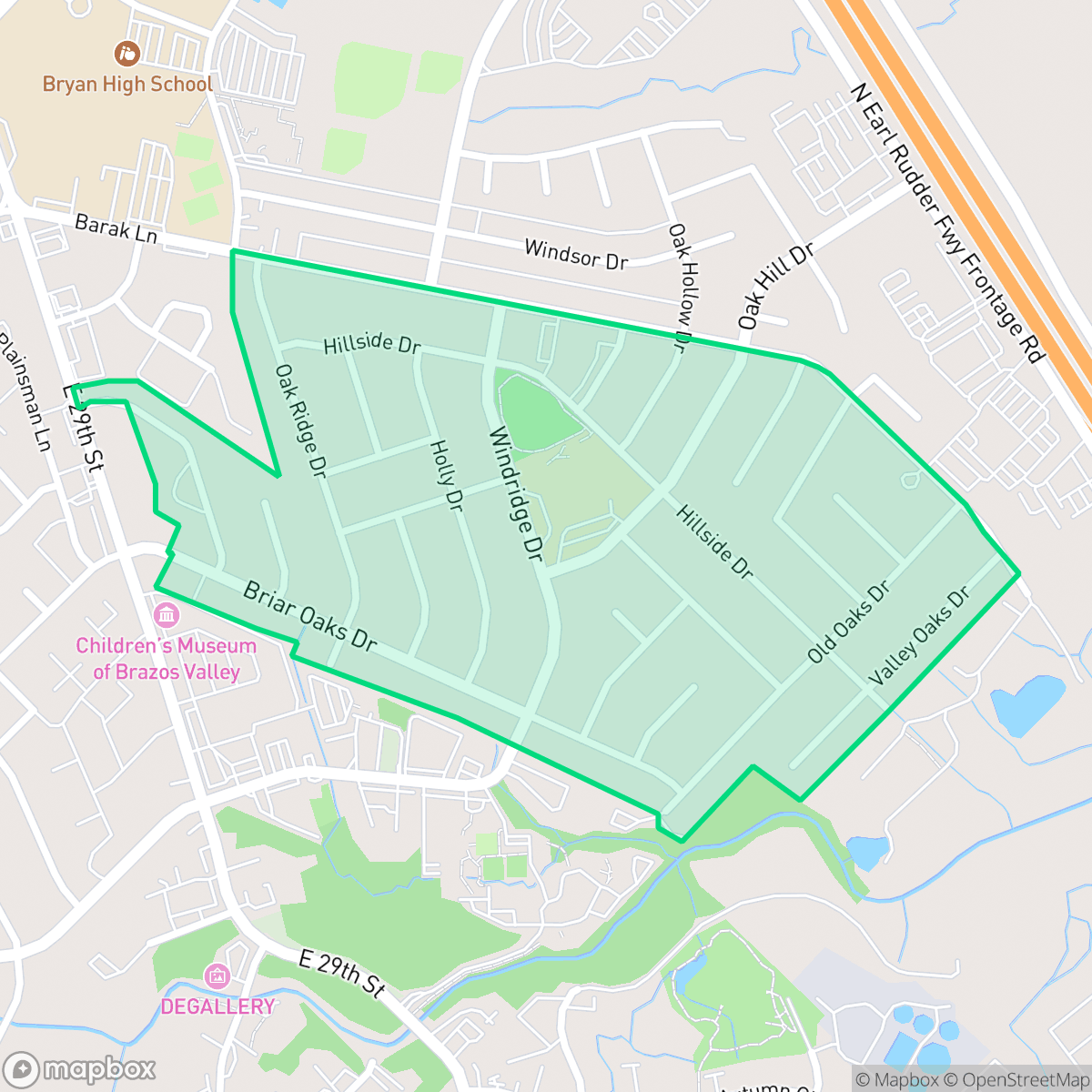 Map showing the location of The Oaks, Bryan, TX
