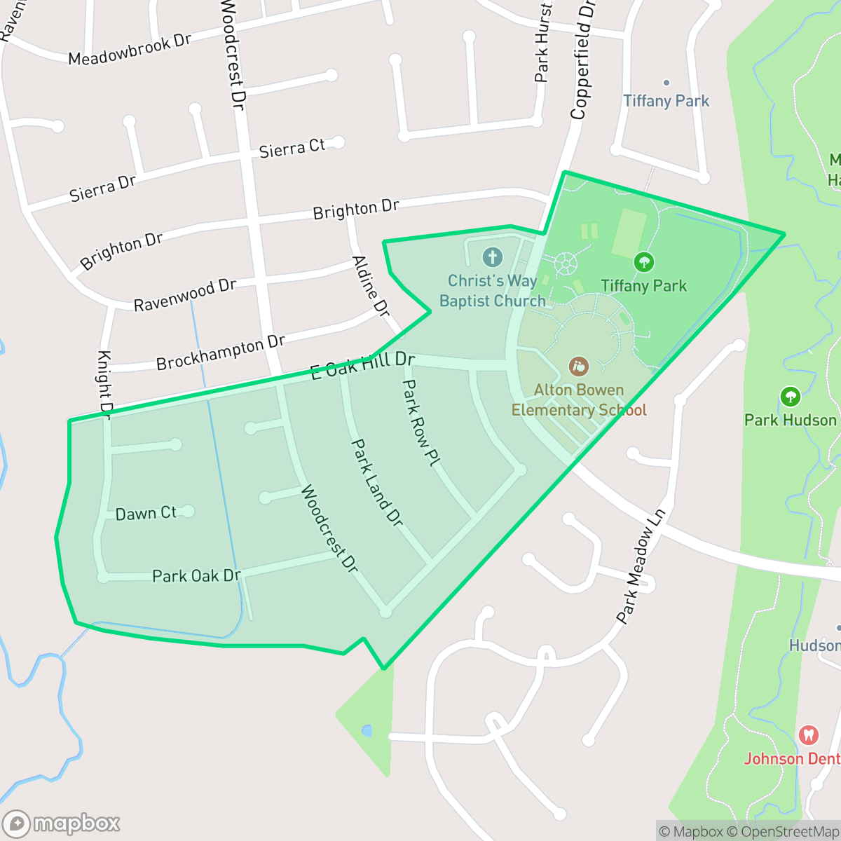 Map showing the location of Tiffany Park, Bryan, TX