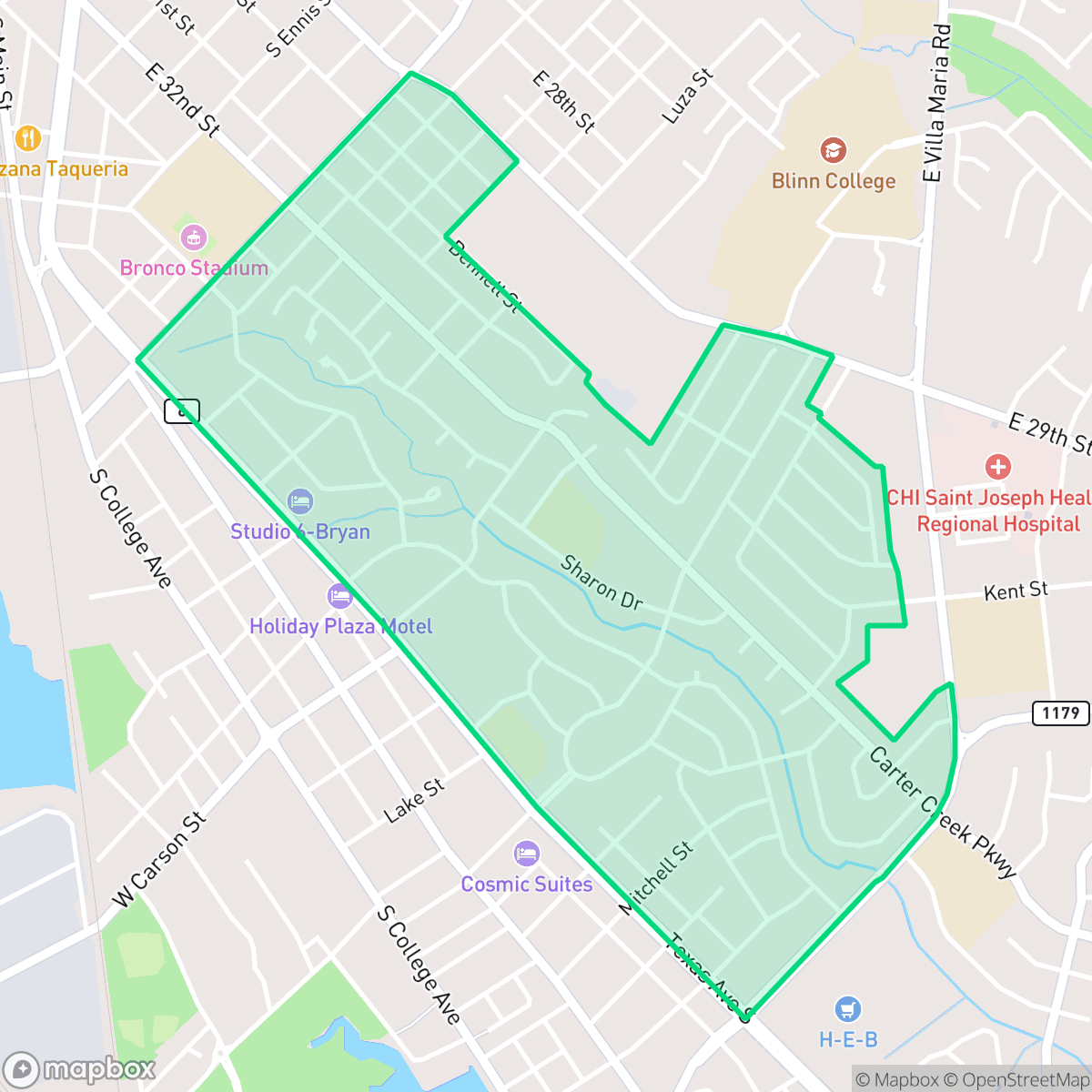 Map showing the location of Upper Burton Creek, Bryan, TX