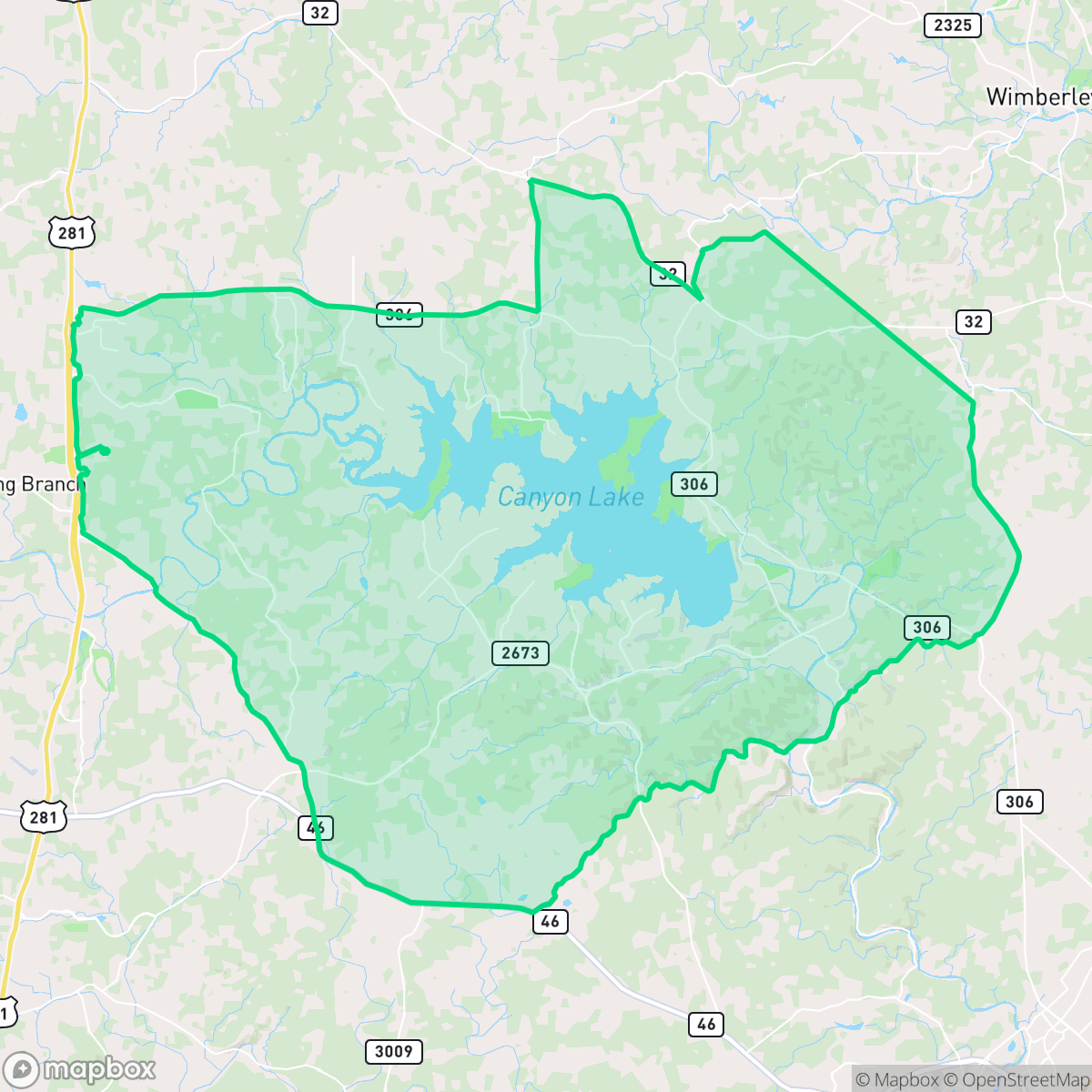 Map showing the location of Canyon Lake, TX — coverage area