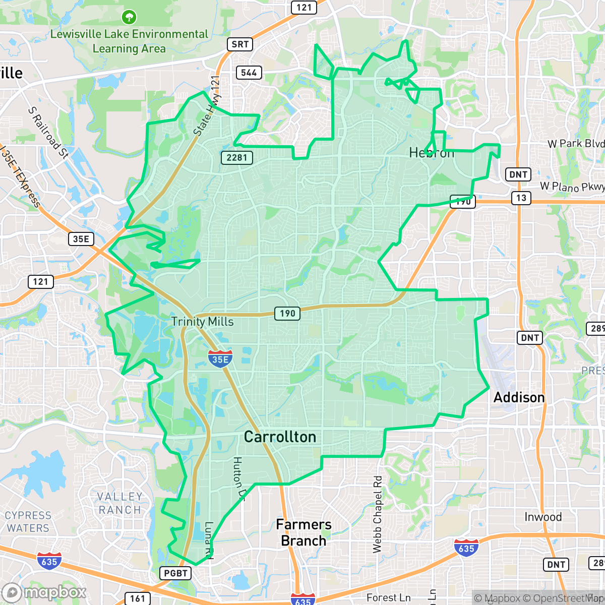 Map showing the location of Carrollton, TX — coverage area