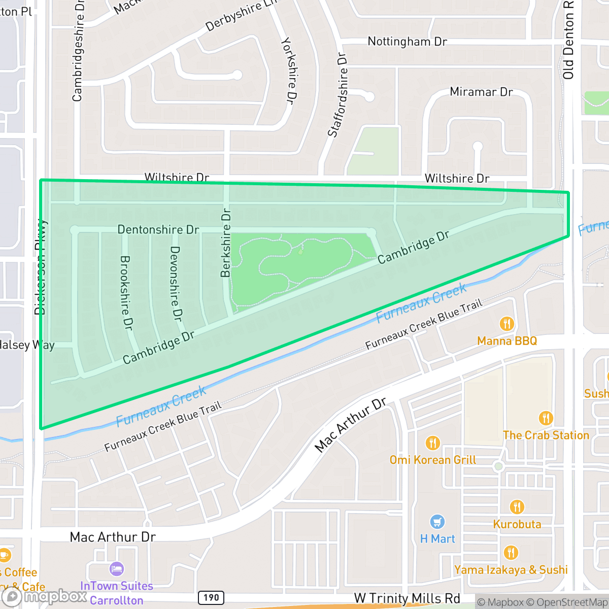 Map showing the location of Cambridge Estates, Carrollton, TX