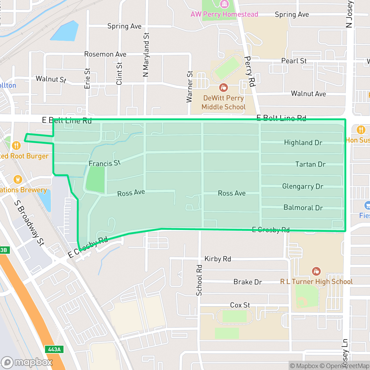 Map showing the location of Carrolton Highlands, Carrollton, TX