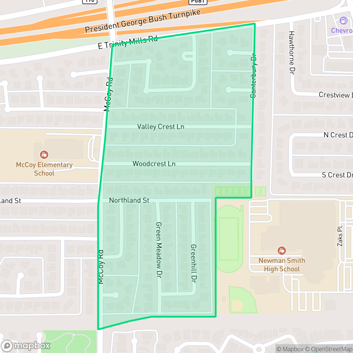 Map showing the location of Mcoy Estates, Carrollton, TX