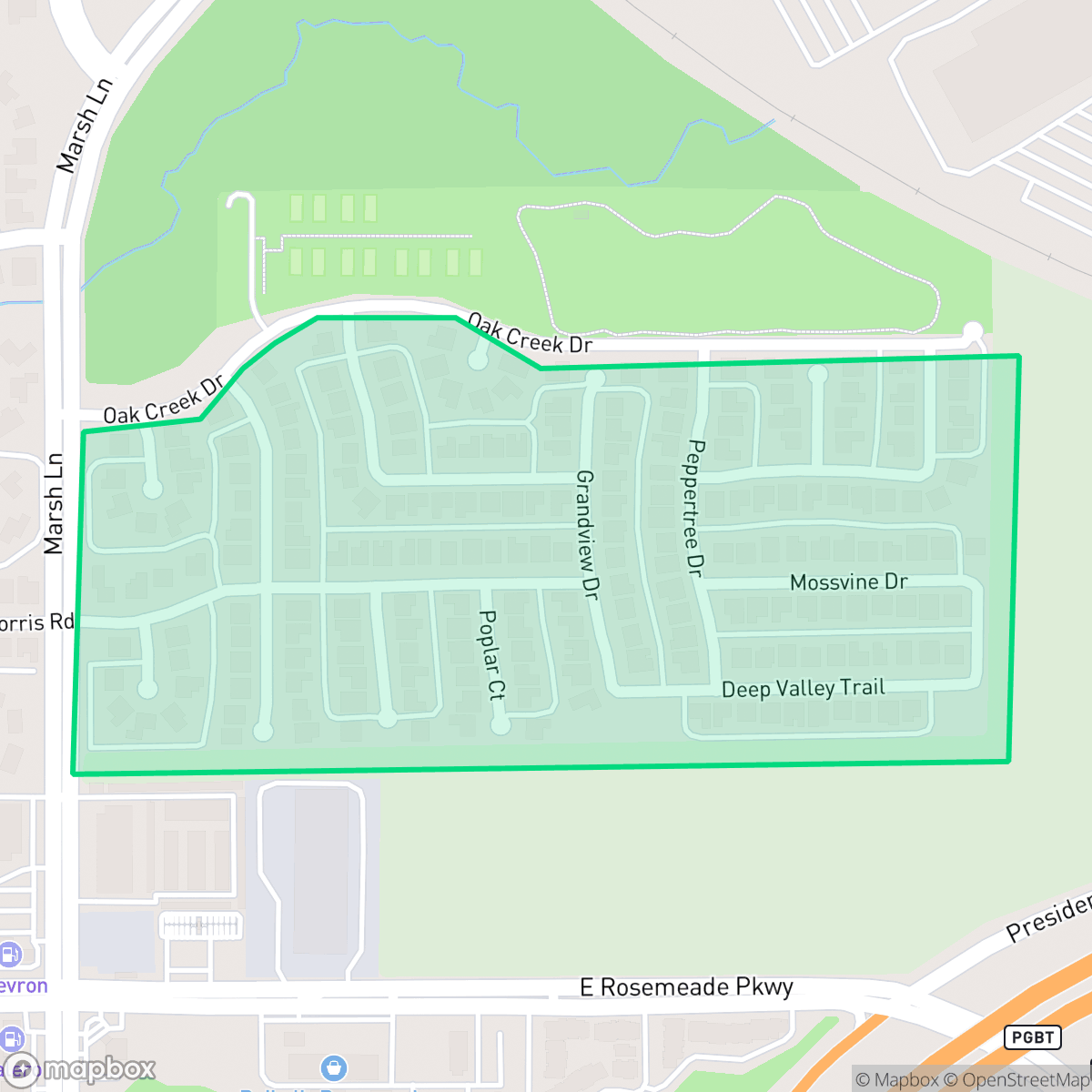 Map showing the location of Oak Creek Estates, Carrollton, TX