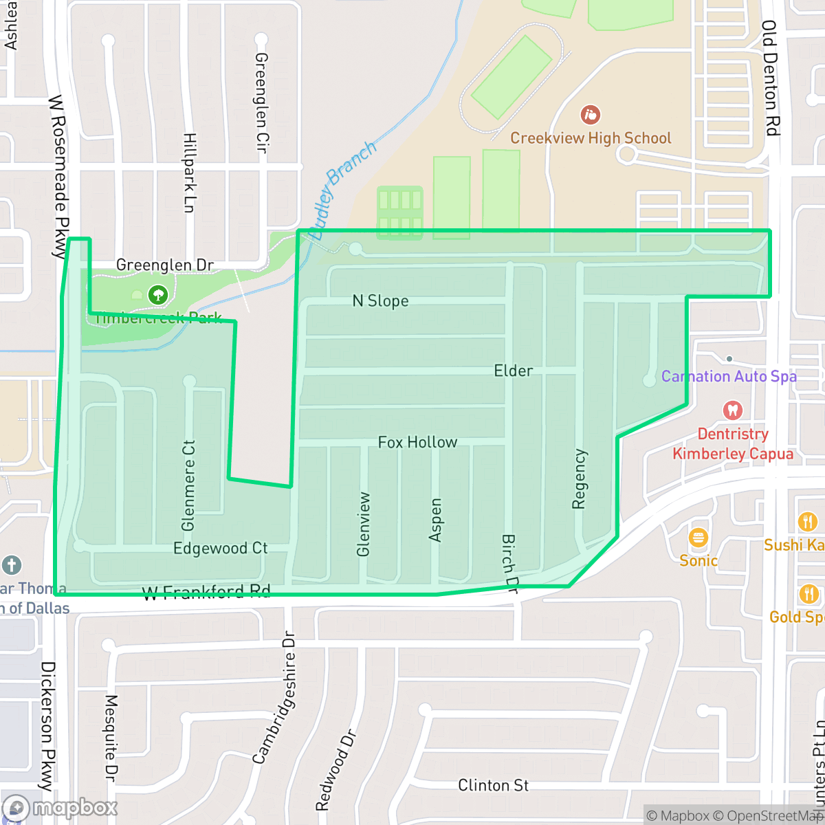 Map showing the location of Ridgeview, Carrollton, TX