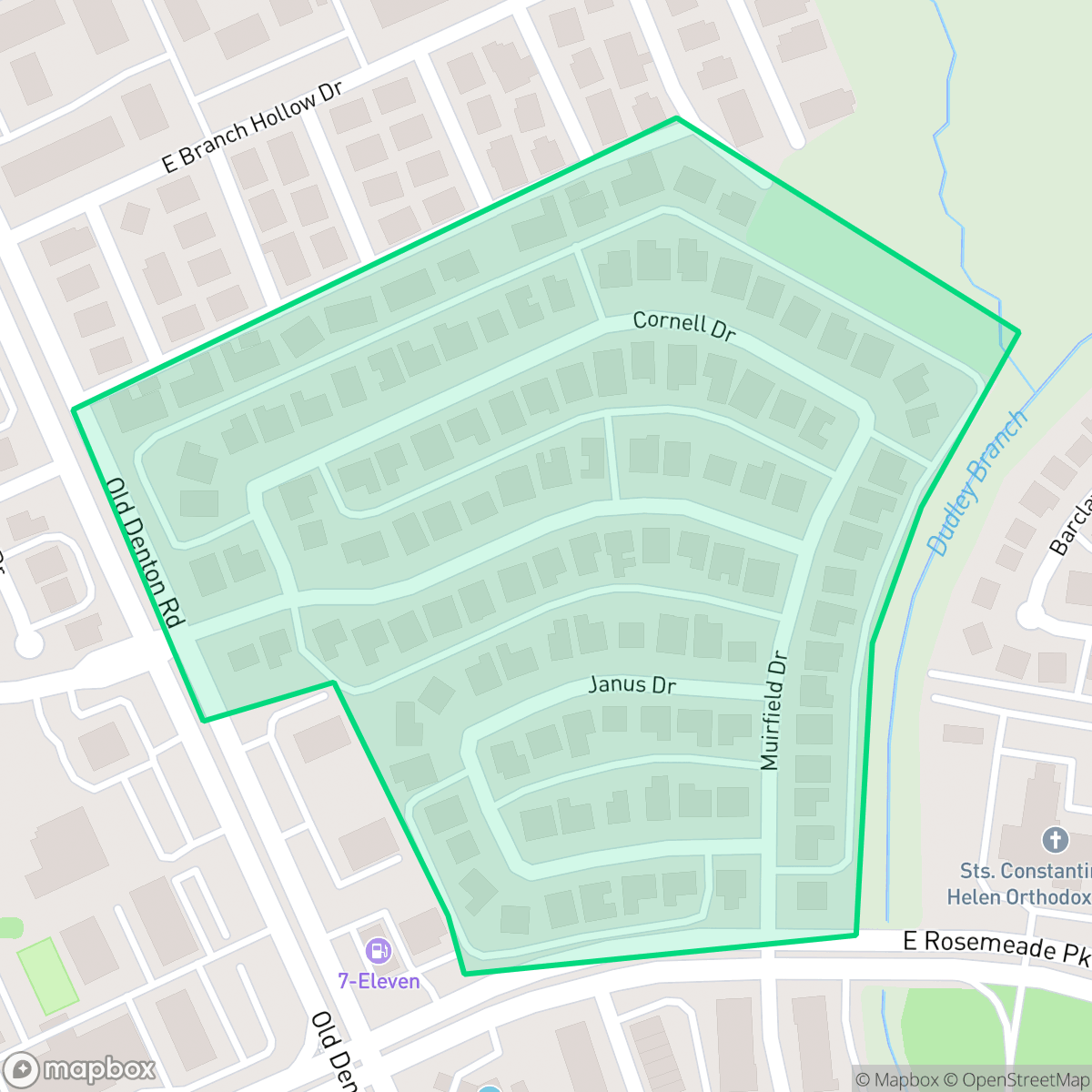 Map showing the location of Rosemeade Heights, Carrollton, TX
