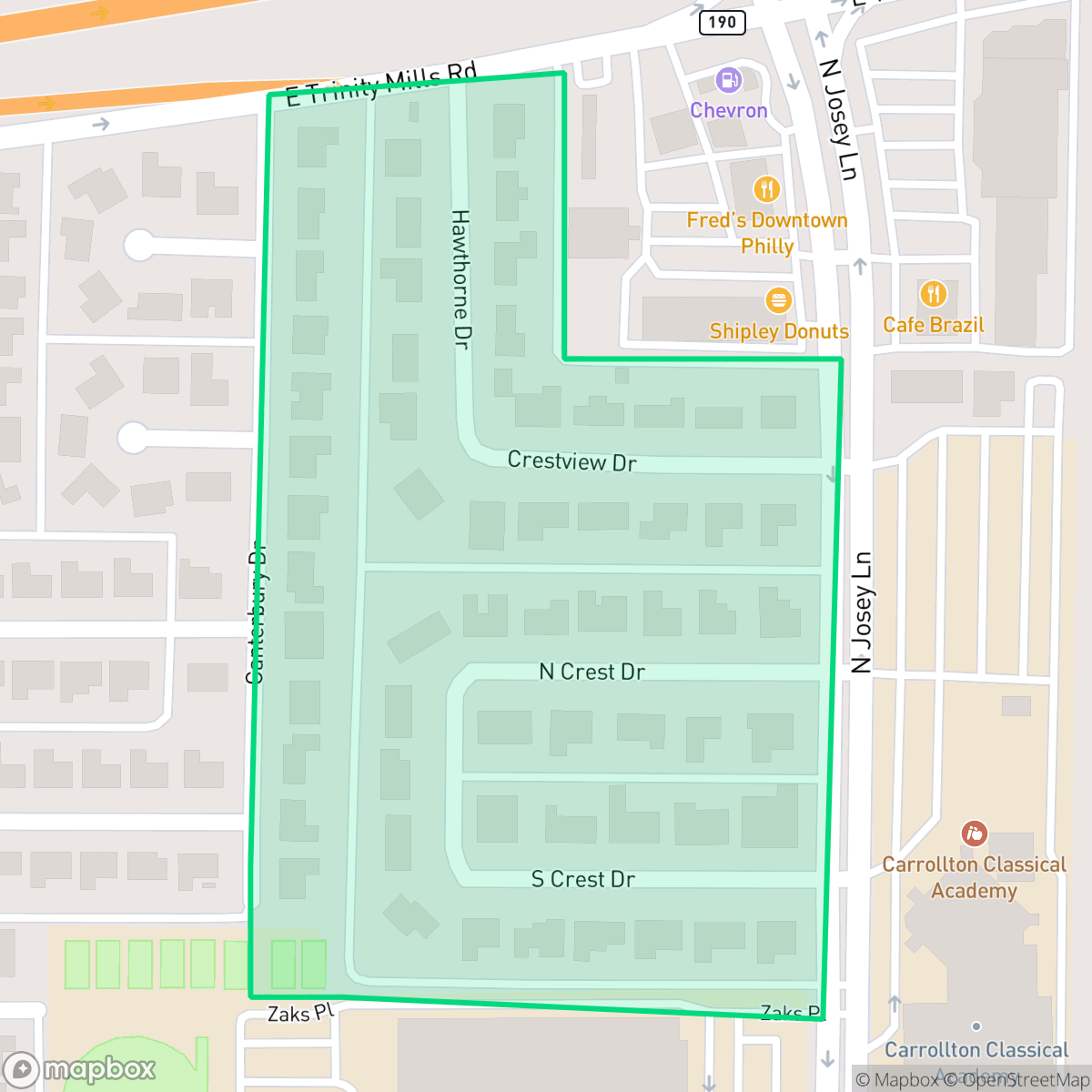 Map showing the location of Trinity Mills, Carrollton, TX