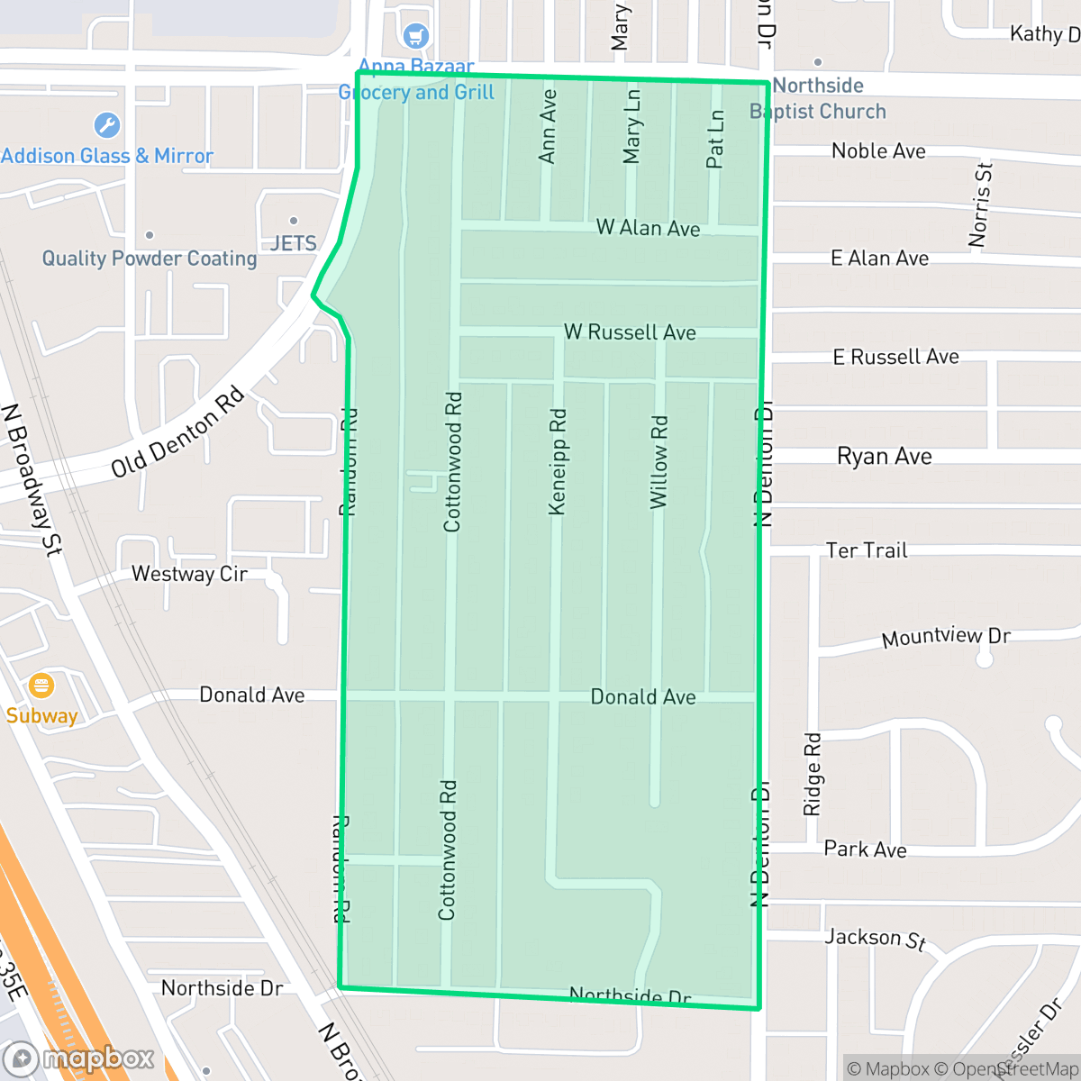 Map showing the location of Whitlock Warriors, Carrollton, TX
