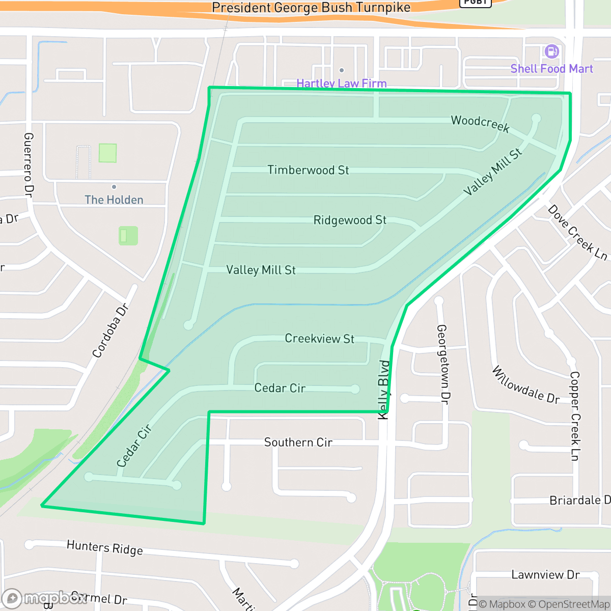 Map showing the location of Woodcreek, Carrollton, TX