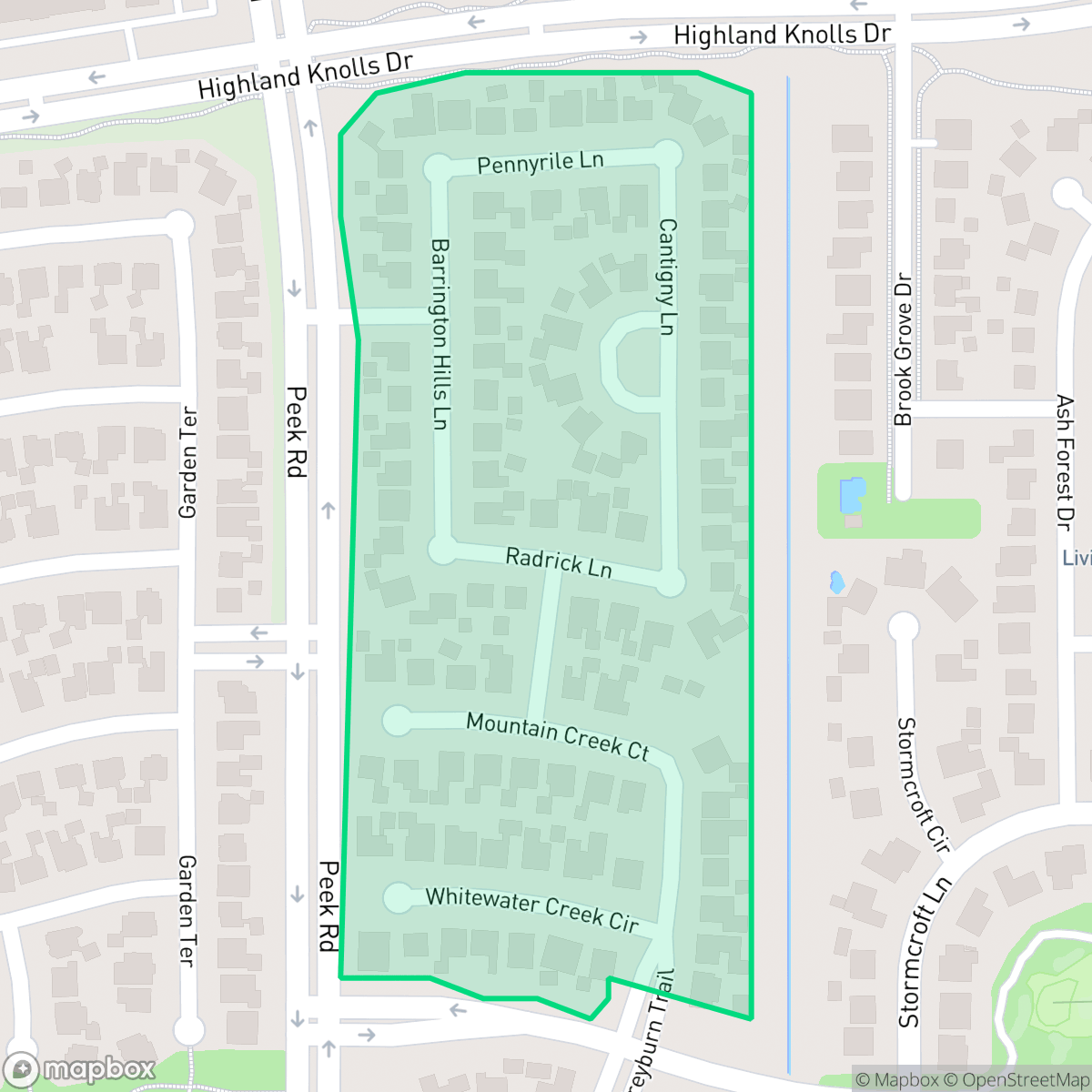 Map showing the location of Barrington Park, Cinco Ranch, TX