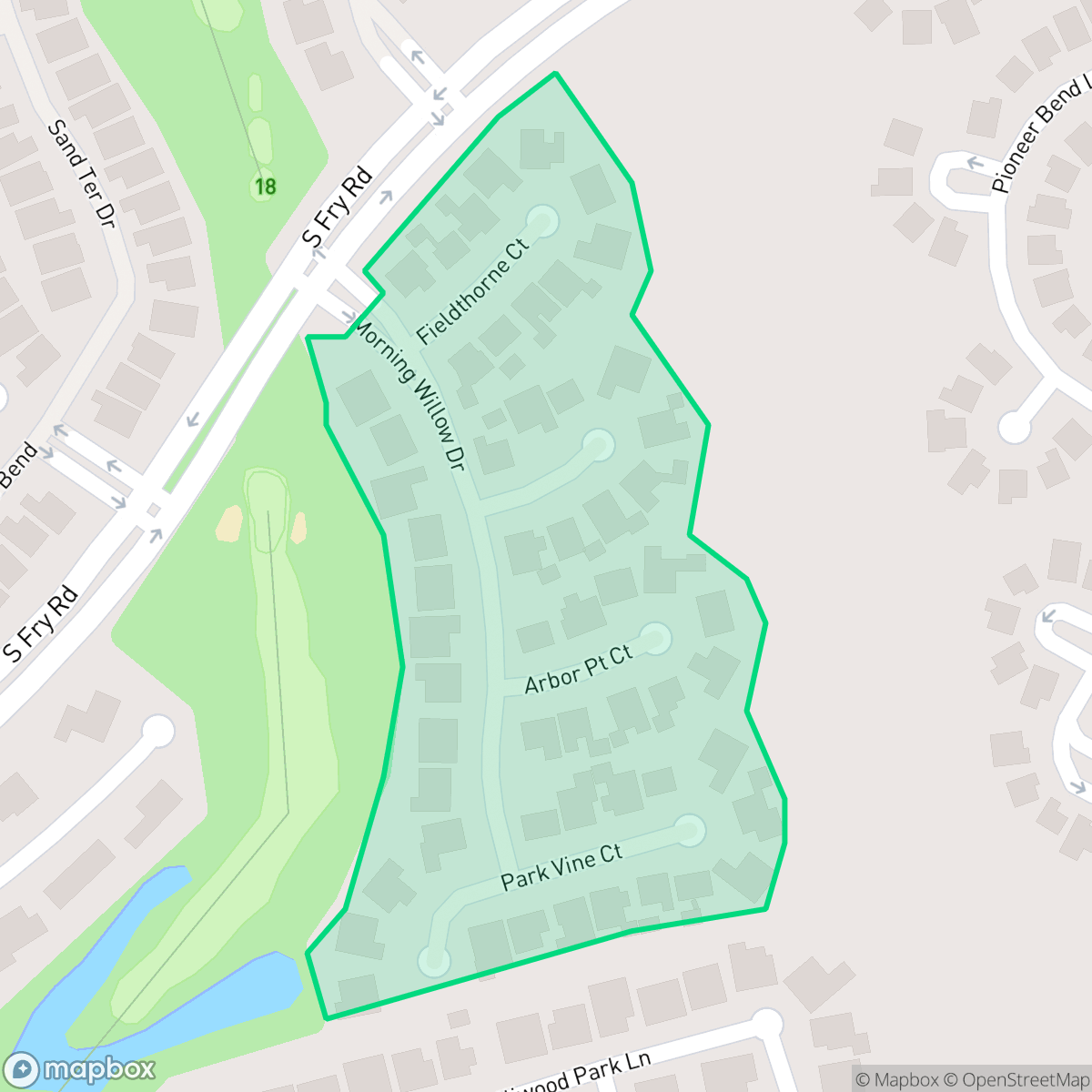 Map showing the location of Estates at Willow Fork Greens, Cinco Ranch, TX