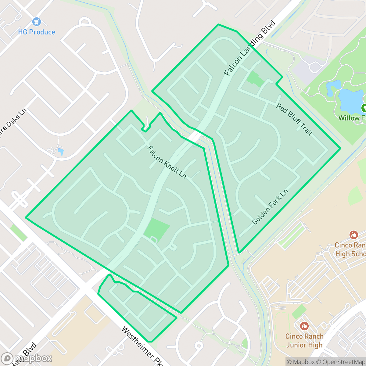 Map showing the location of Falcon Ranch, Cinco Ranch, TX