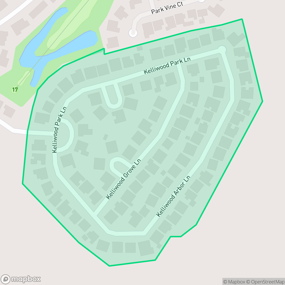Map showing the location of Kelliwood Park, Cinco Ranch, TX