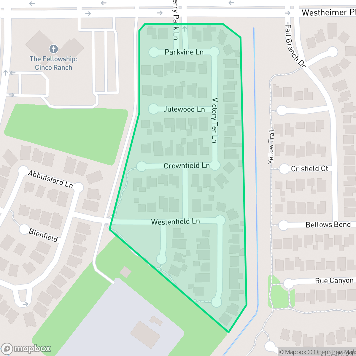 Map showing the location of Meadow Grove, Cinco Ranch, TX