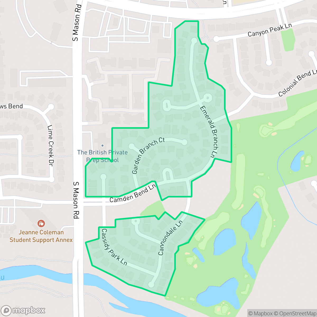 Map showing the location of Shadow Bend, Cinco Ranch, TX