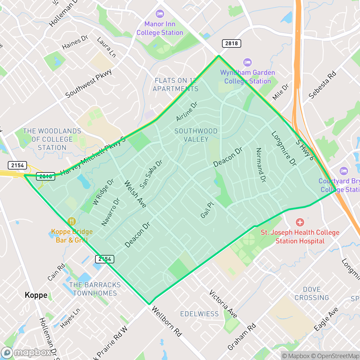 Map showing the location of Central College Station, College Station, TX