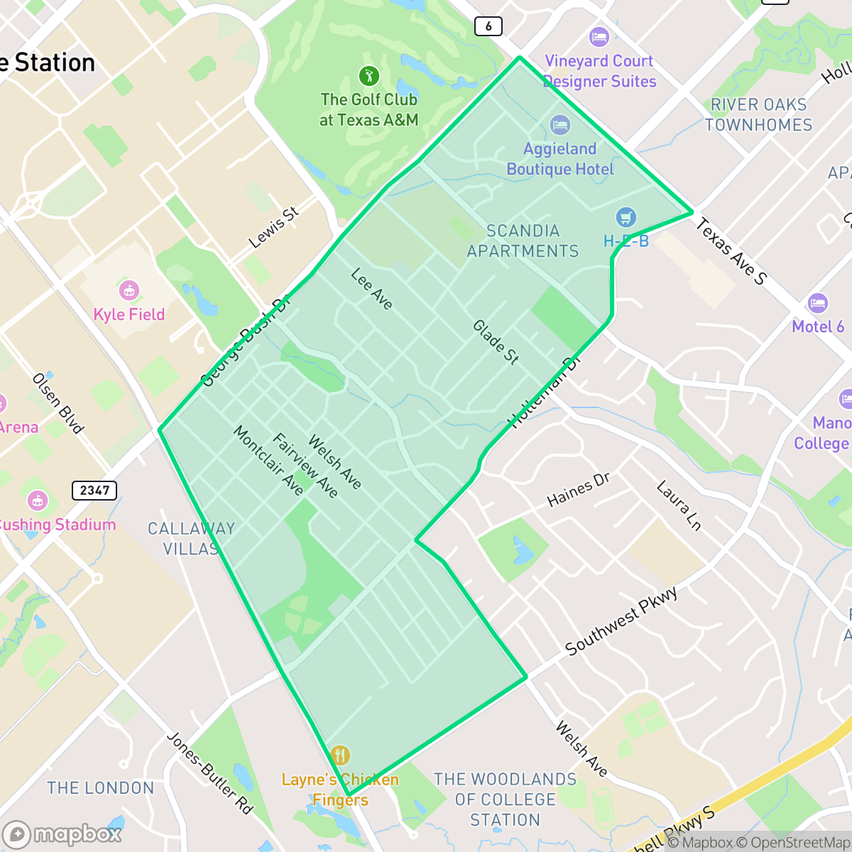 Map showing the location of Southside, College Station, TX