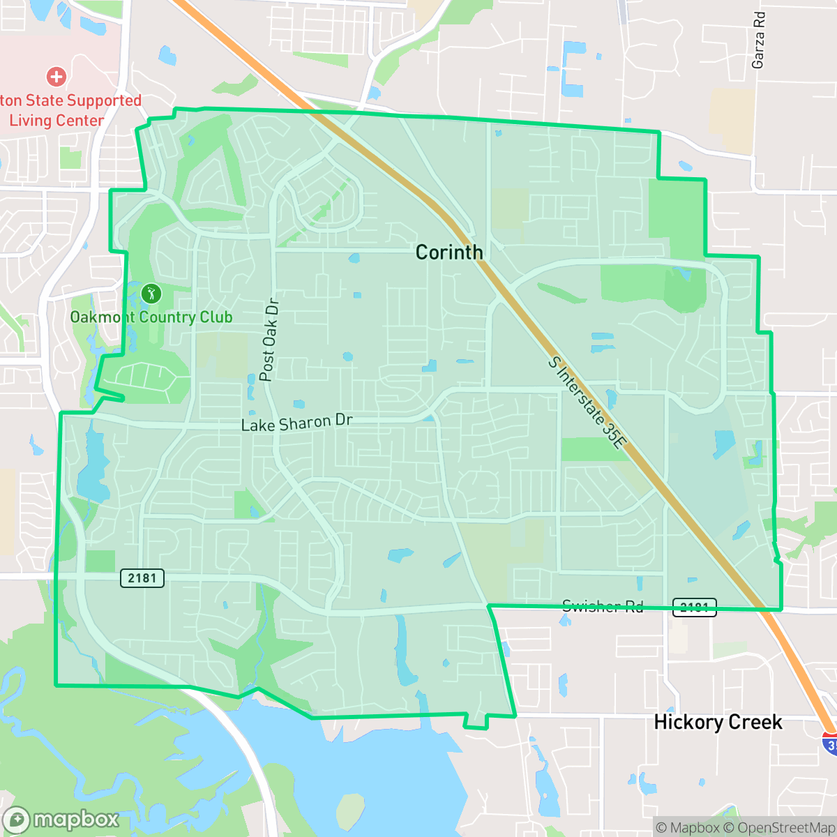 Map showing the location of Corinth, TX — coverage area