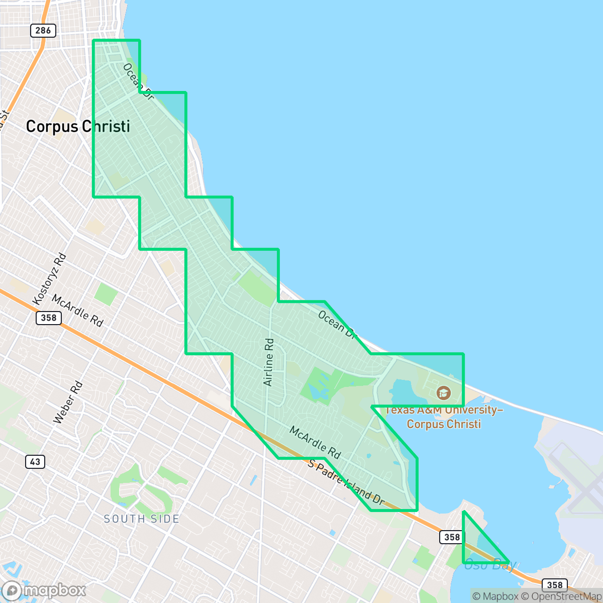 Map showing the location of Bay Area, Corpus Christi, TX