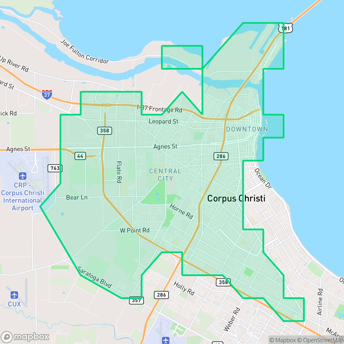 Map showing the location of Central City, Corpus Christi, TX