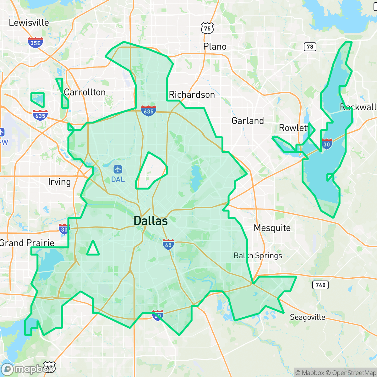 Map showing the location of Dallas, TX — coverage area