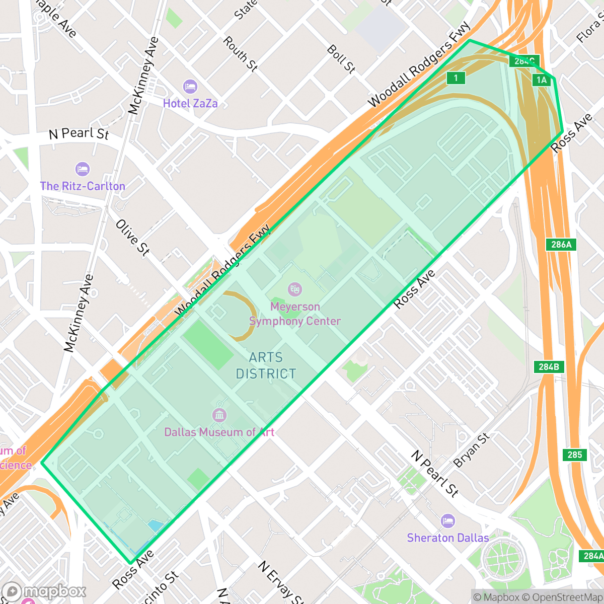 Map showing the location of Arts District, Dallas, TX