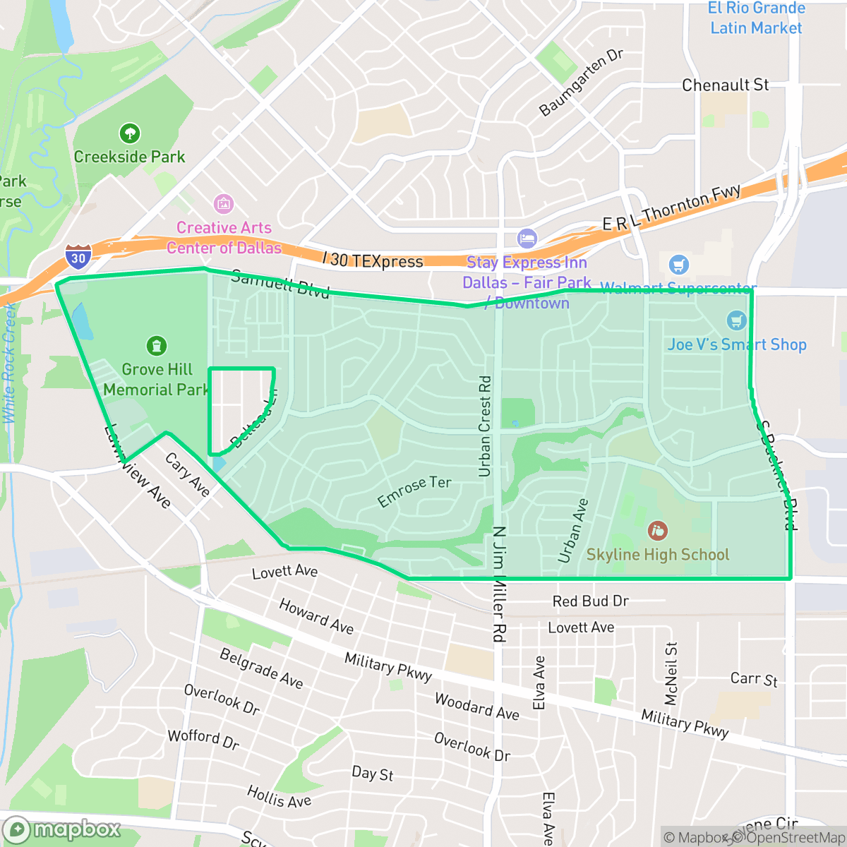 Map showing the location of Buckner Terrace, Dallas, TX