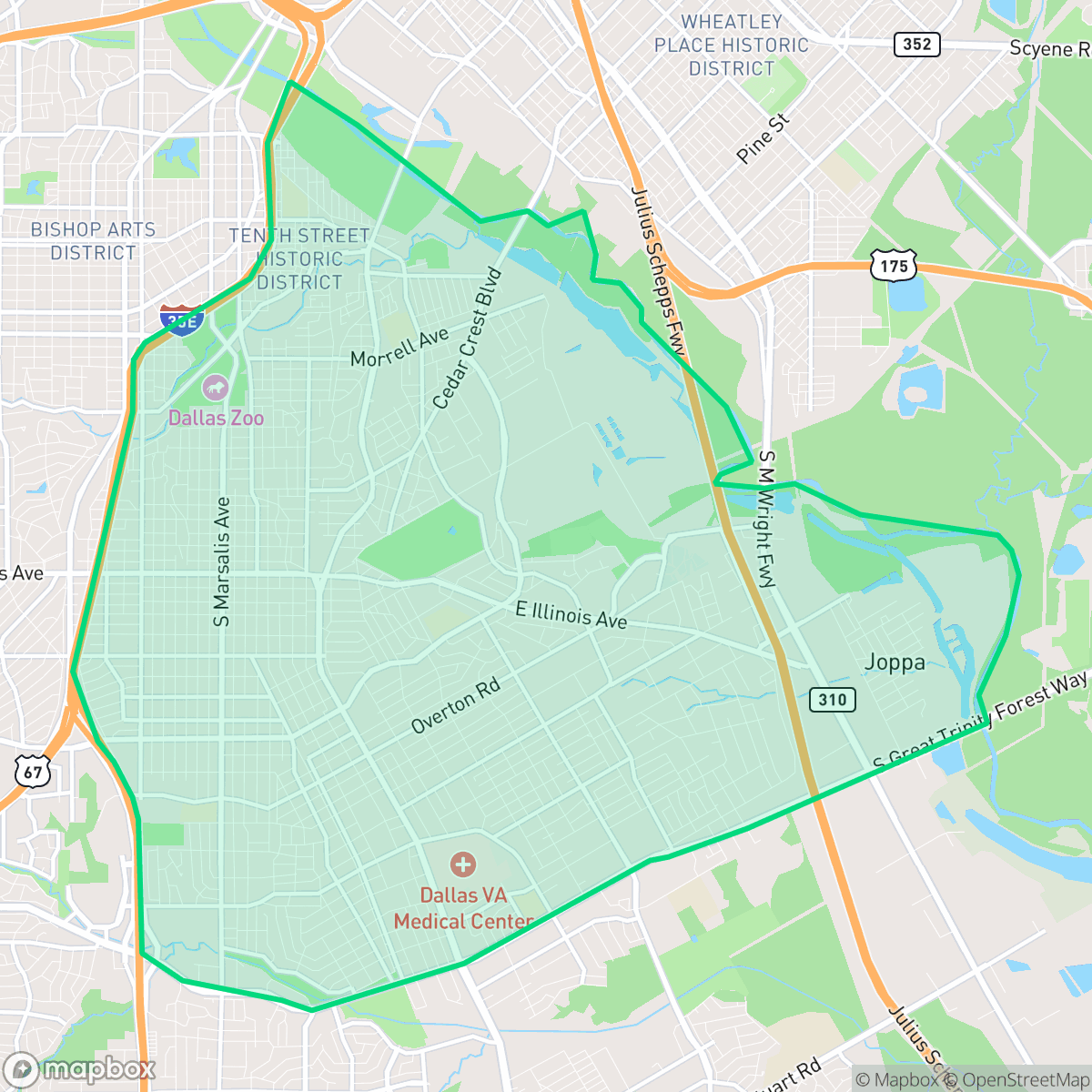 Map showing the location of Cedar Crest, Dallas, TX