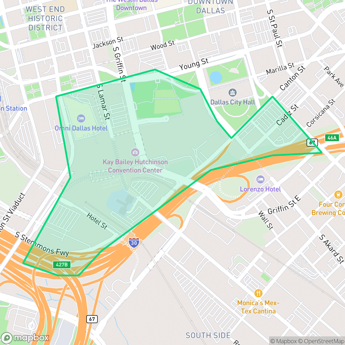 Map showing the location of Convention Center District, Dallas, TX