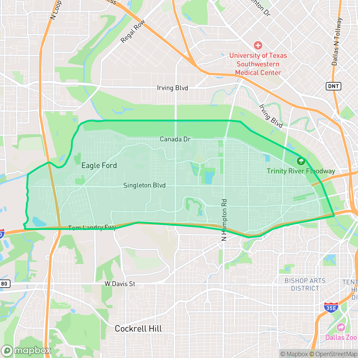 Map showing the location of Eagle Ford, Dallas, TX