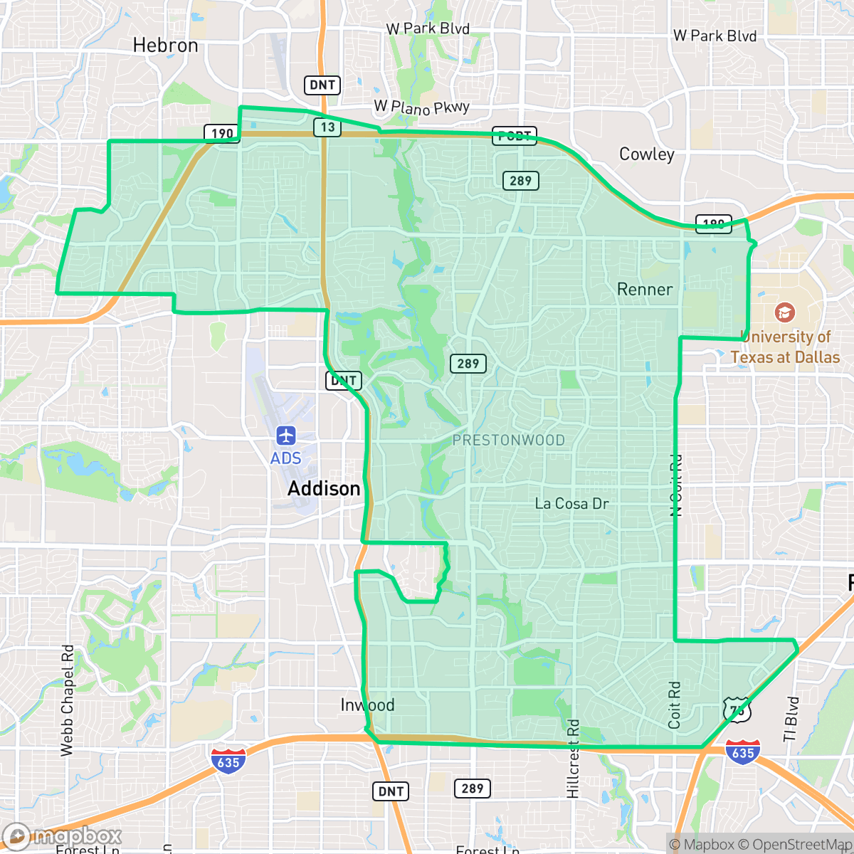 Map showing the location of Far North, Dallas, TX