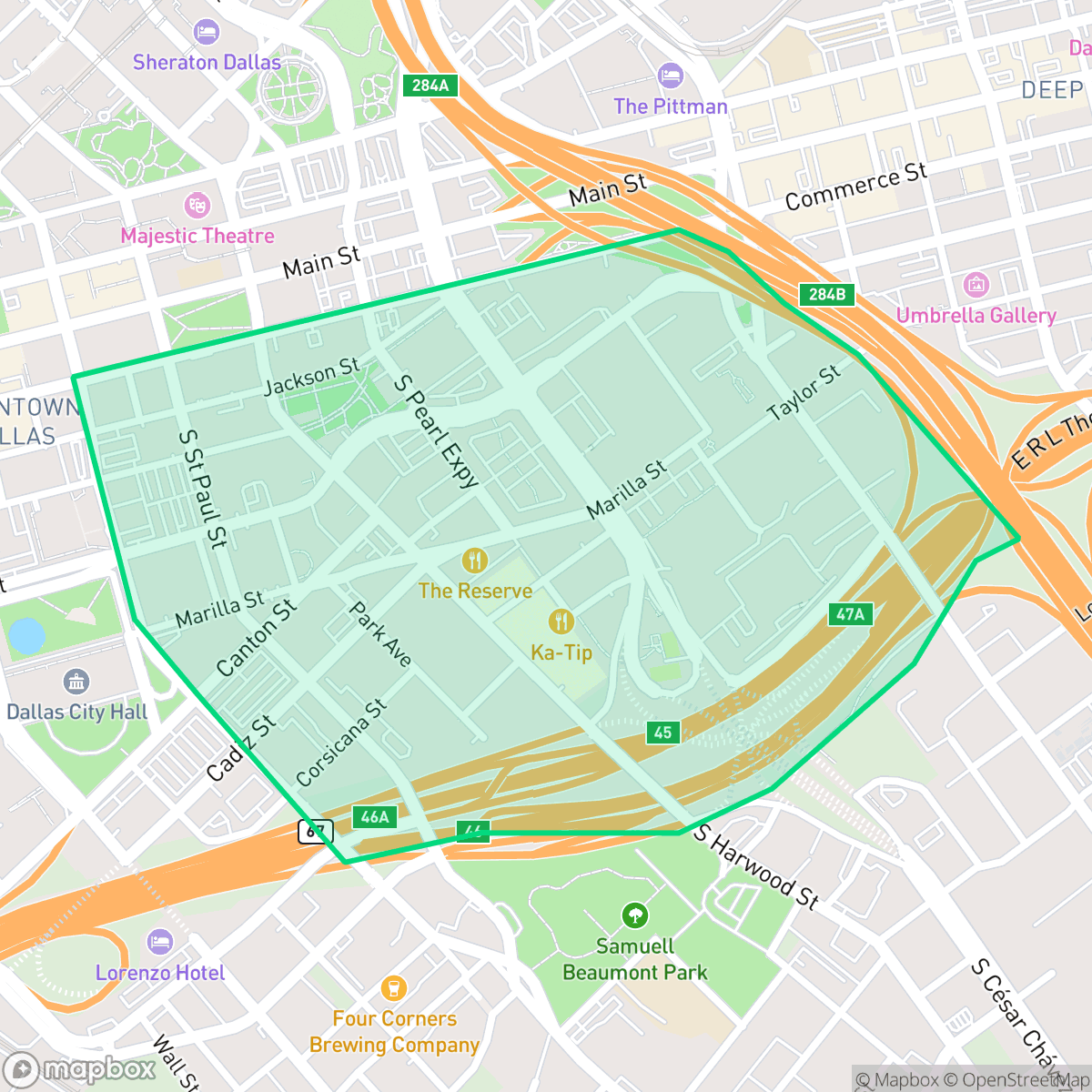 Map showing the location of Farmers Market District, Dallas, TX