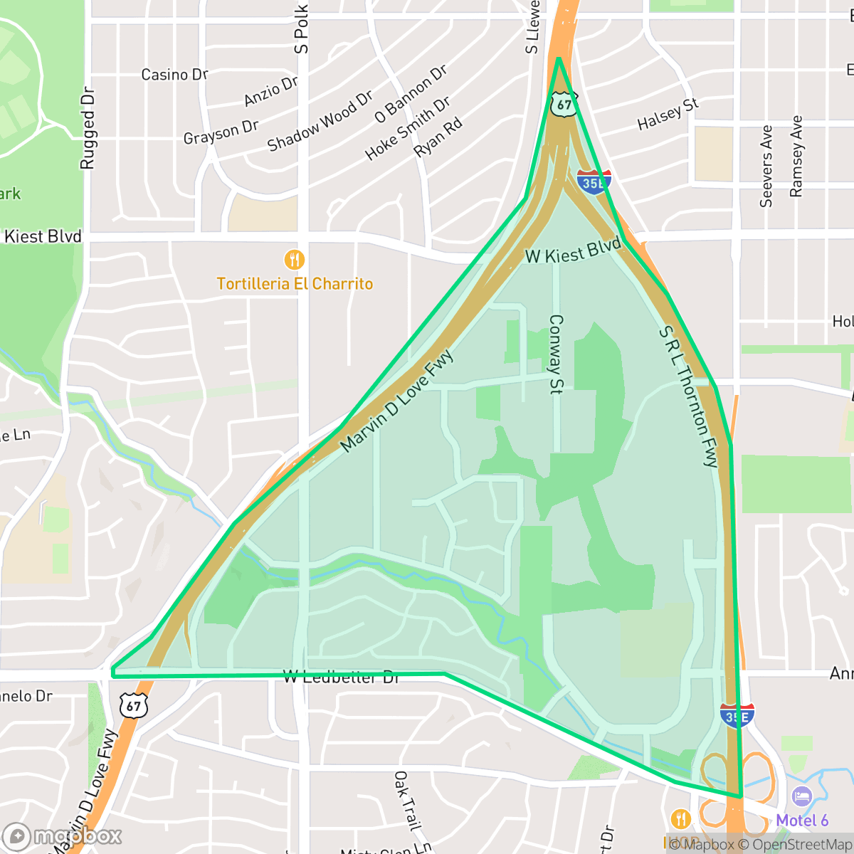 Map showing the location of Five Mile Creek, Dallas, TX