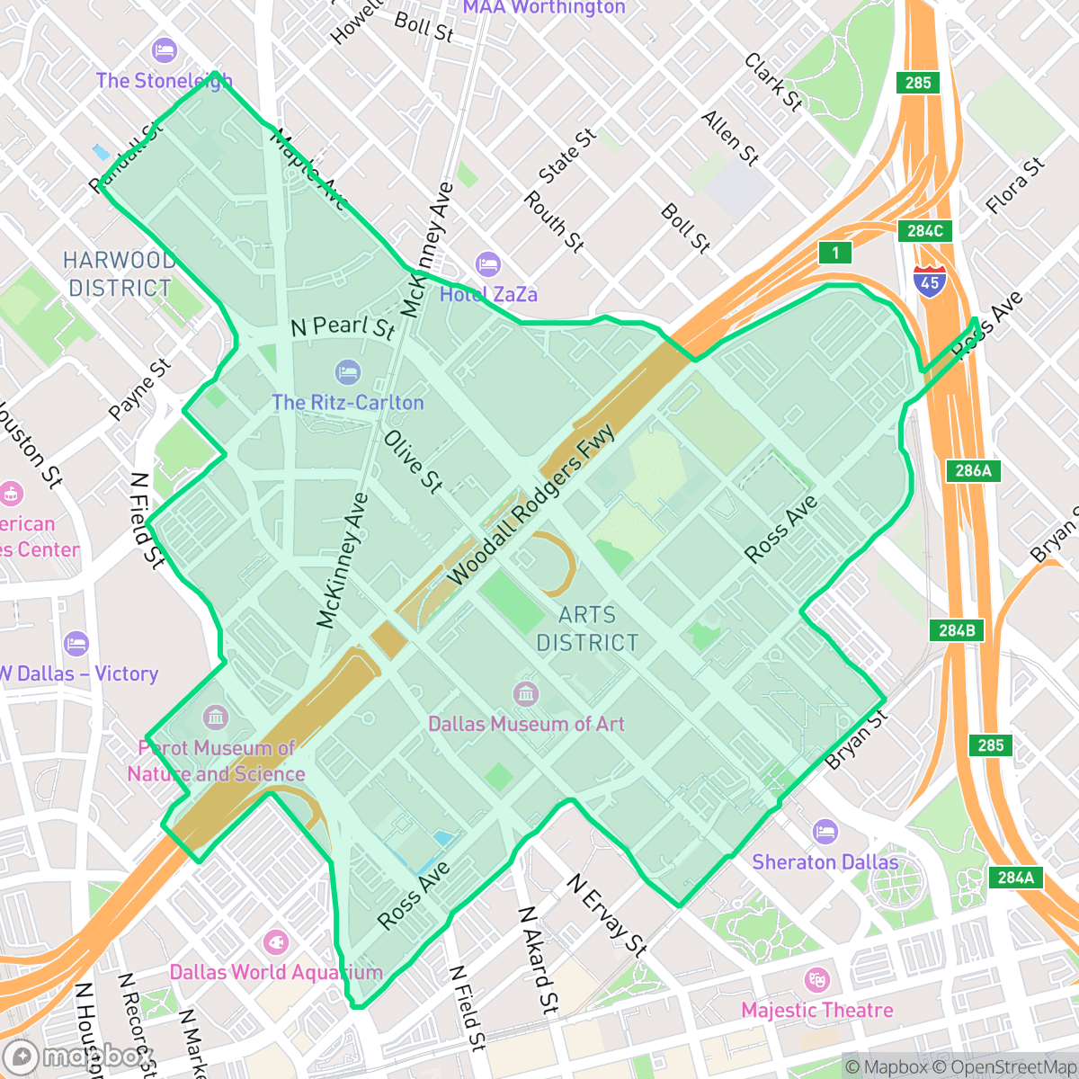 Map showing the location of Klyde Warren Park-Arts District PID, Dallas, TX