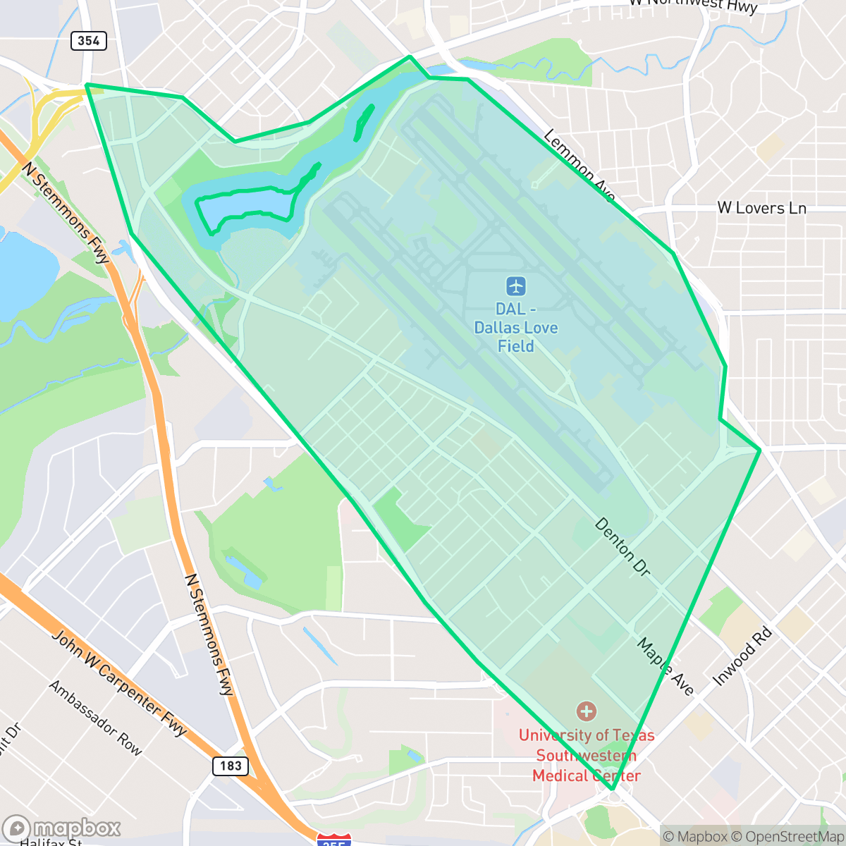 Map showing the location of Love Field Area, Dallas, TX