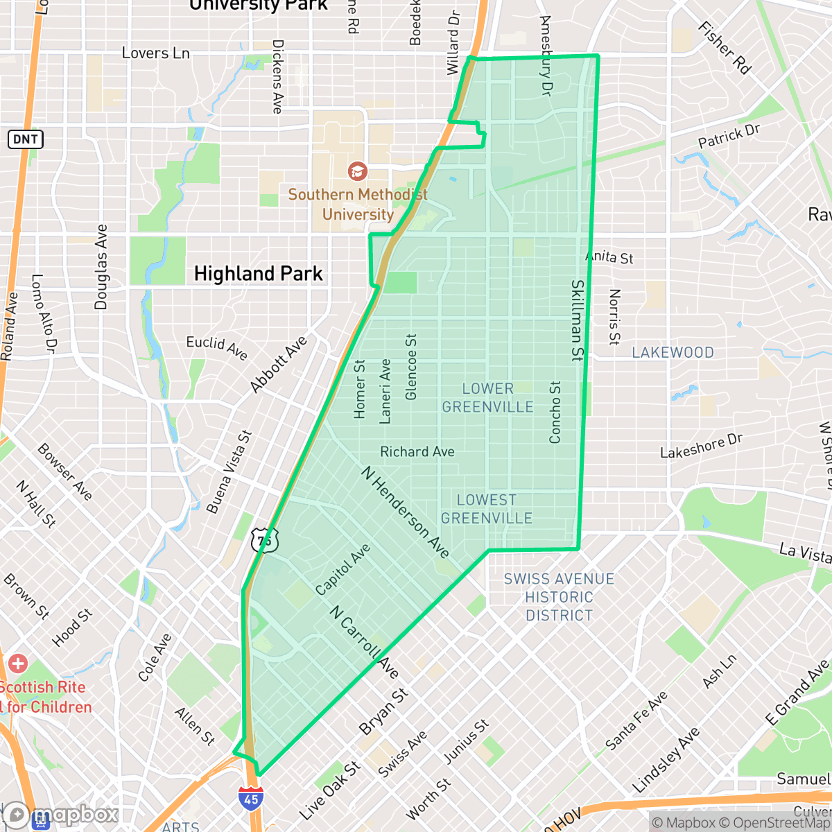 Map showing the location of M Streets, Dallas, TX