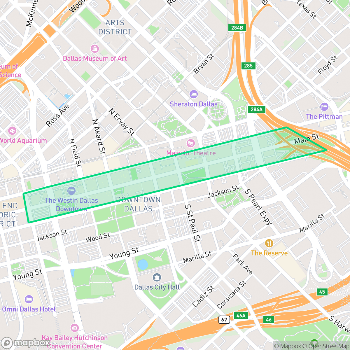 Map showing the location of Main Street District, Dallas, TX