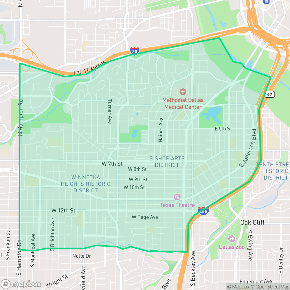Map showing the location of Oak Cliff, Dallas, TX
