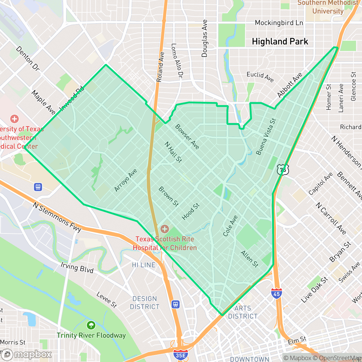 Map showing the location of Oak Lawn, Dallas, TX