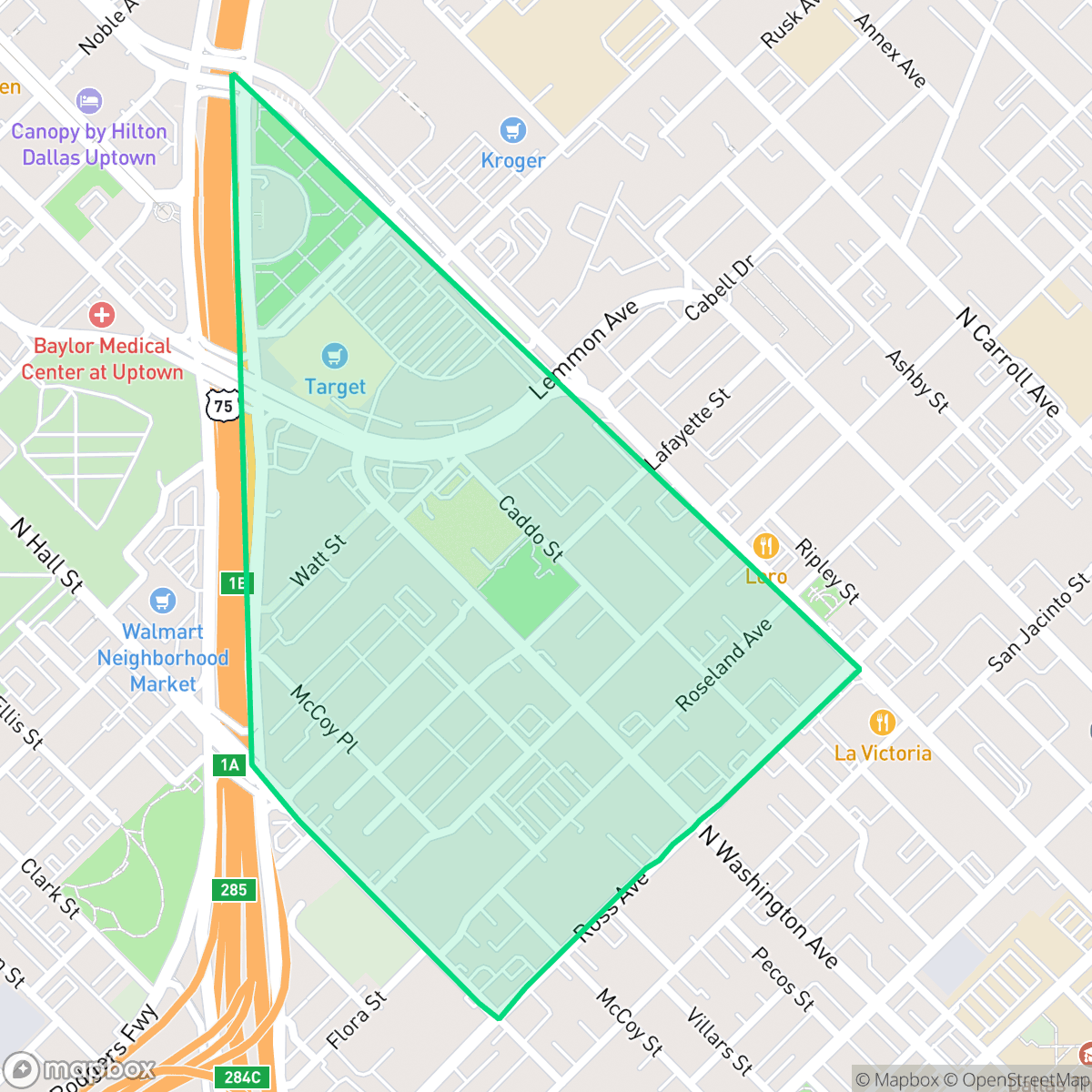 Map showing the location of Roseland Neighborhood, Dallas, TX